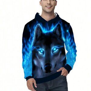 Novelty Men's Cool Wolf 3D Print Casual Long Sleeve Hoodie, Men's Spring & Autum